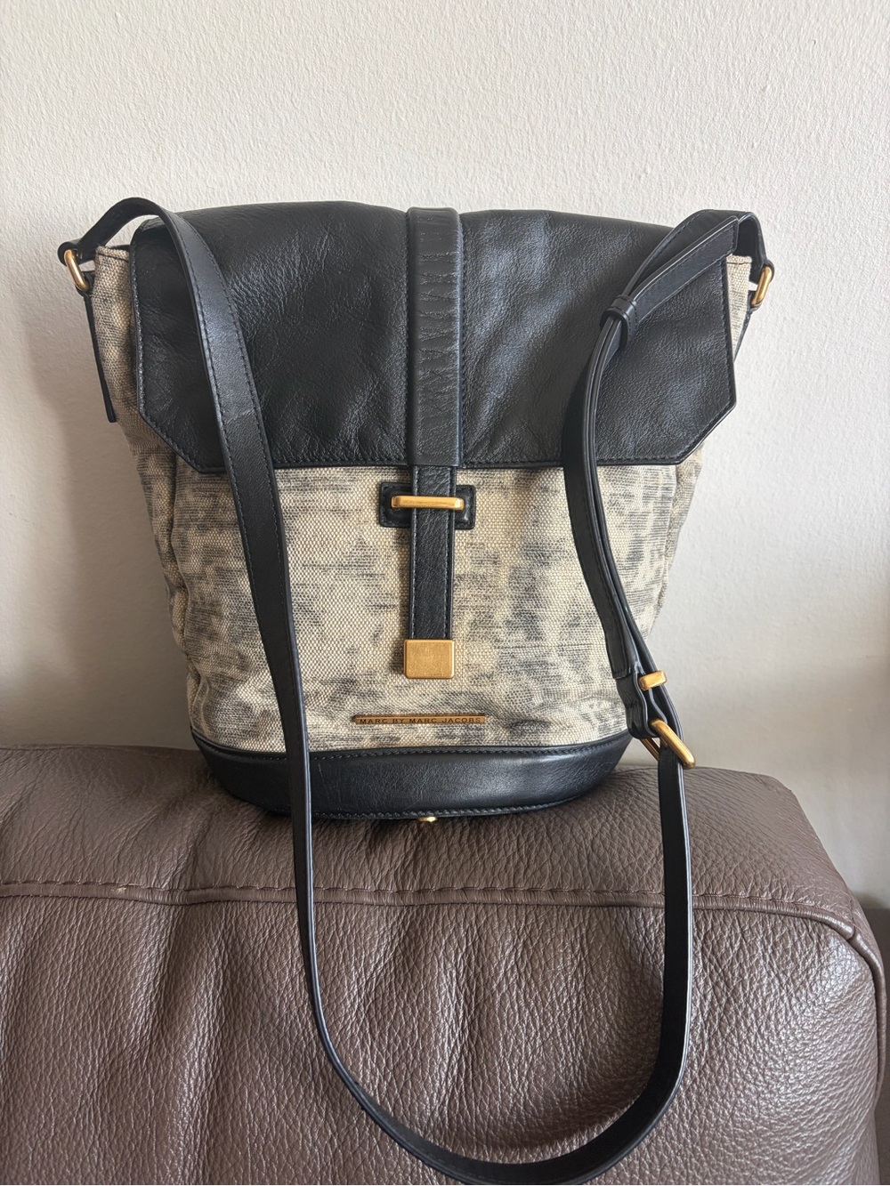 Marc Jacobs Black Leather & Beige Canvas Messenger Bag with Gold Hardware